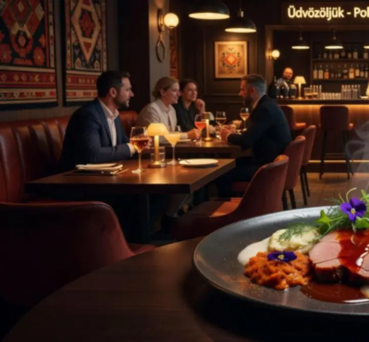 Prémium fine dining fogás egy hangulatos, sötét bár környezetében